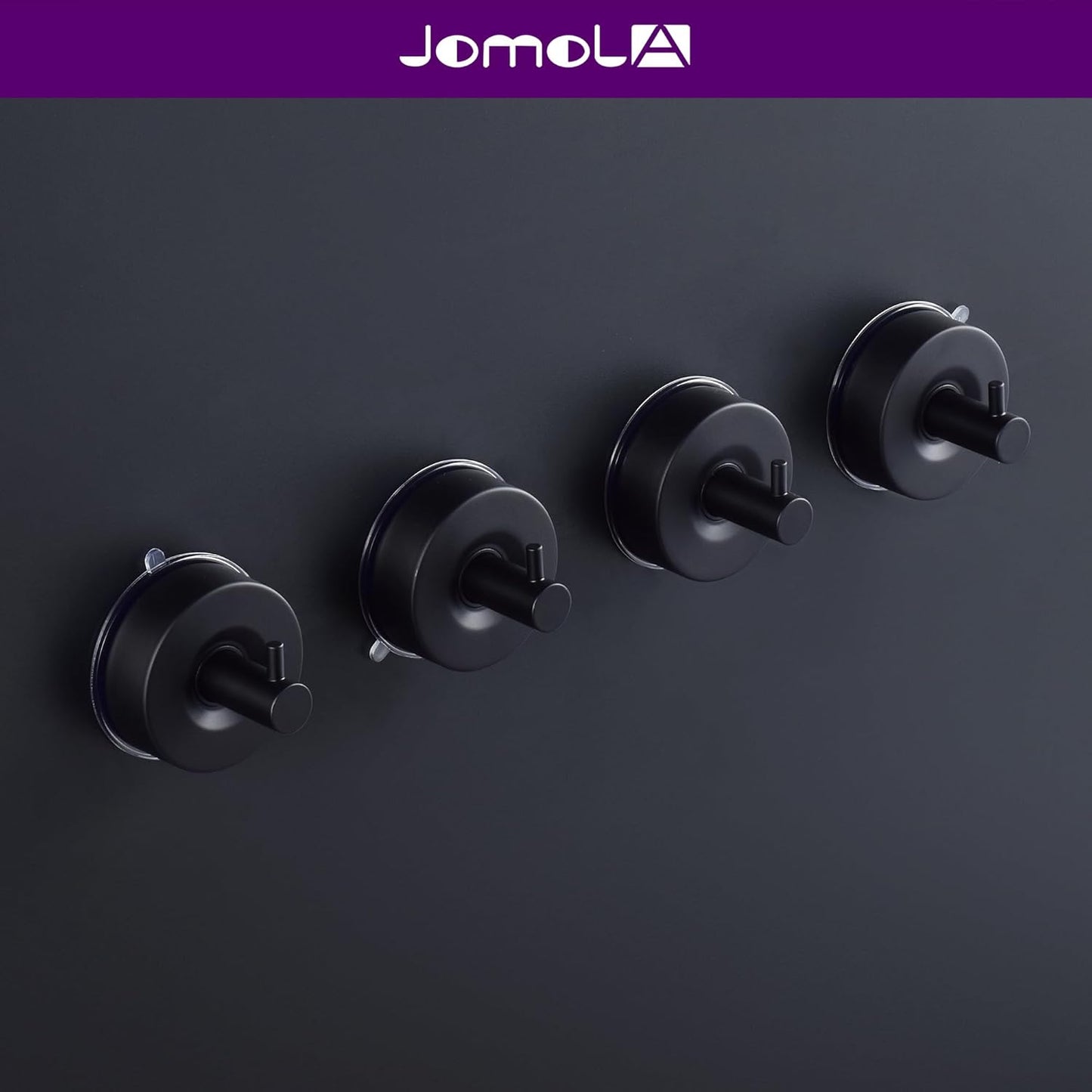 JOMOLA Stainless Steel Bathroom Suction Hooks - No Drill Adhesive-Free Wall Mount for Shower, Towel & Robe, Rustproof Metal Hardware with Damage-Free Grip, Matte Black (4-Pack)