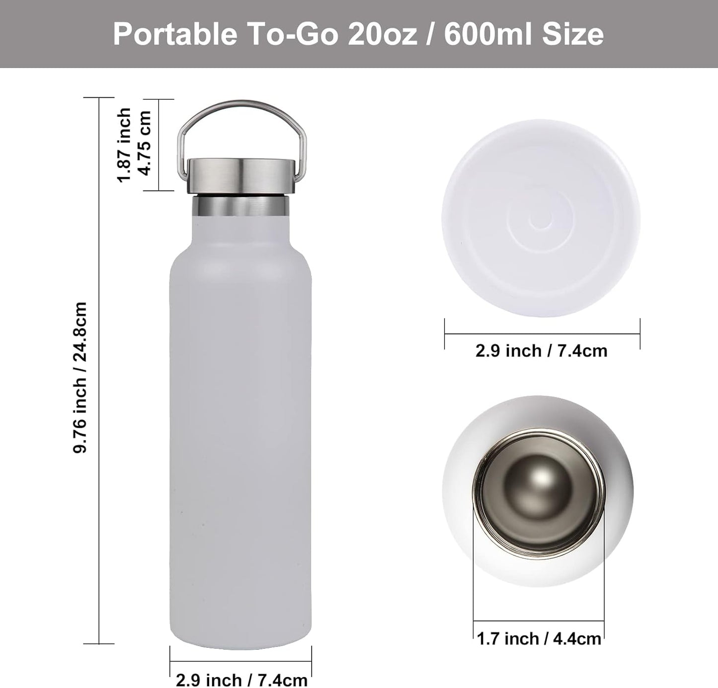 Neihepal 20 oz Insulated Water Bottles Bulk 4 Pack,Stainless Steel Double Wall Sport Bottle with Lid of Handle,Metal Reusable Thermoses Flask with Cup Cap for School,Hikers,Gift (White,Set of 4)