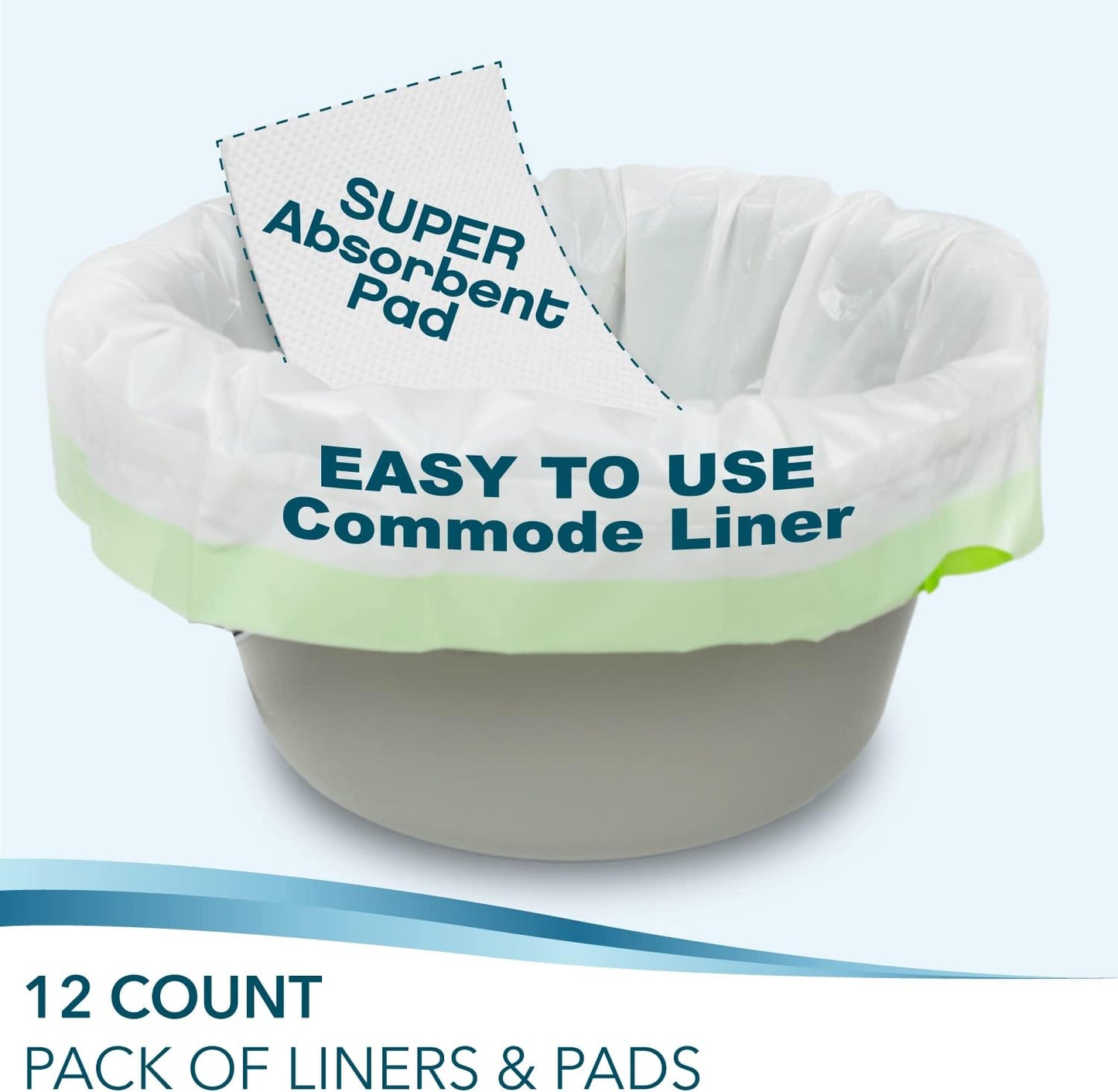 Disposable Bedside Commode Liners and Pads for Portable Toilet Chair Seat Bucket and Bedpan | Combo Pack of 12 Waste Bags and 12 Absorbent Pads | Universal Fit