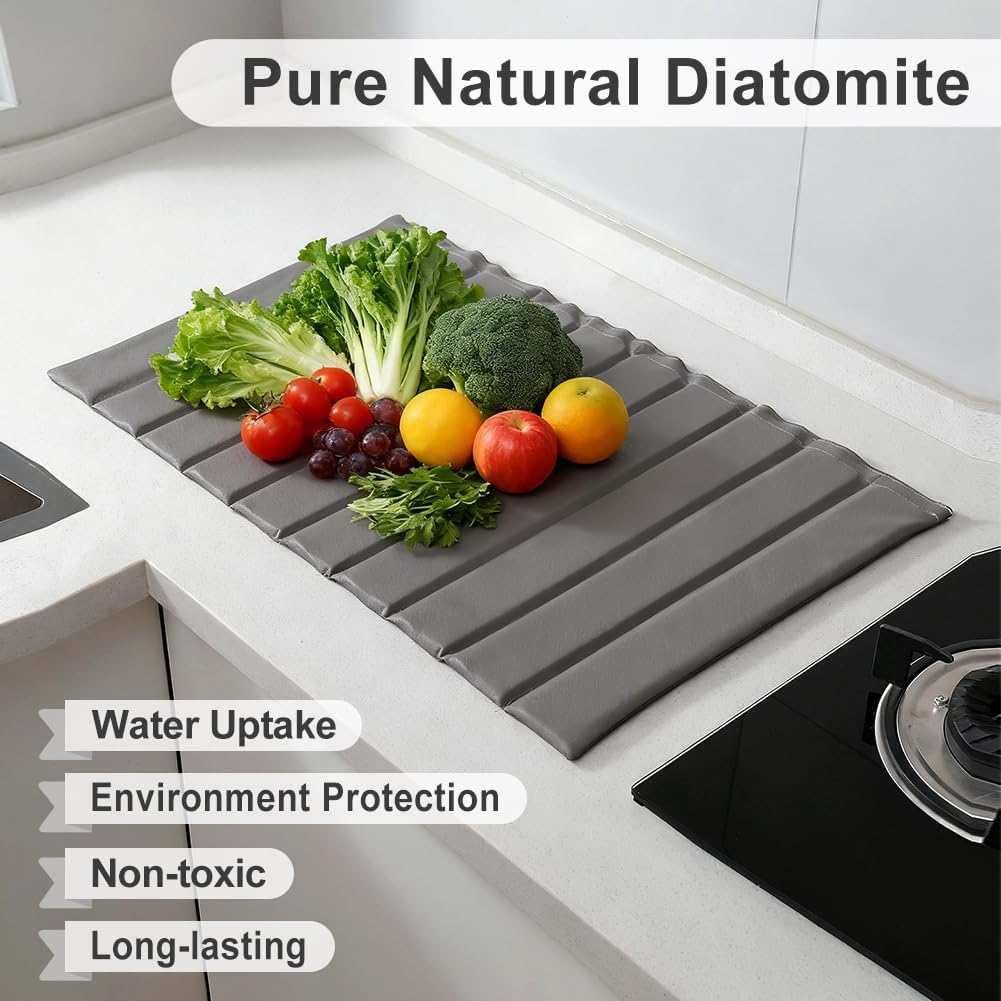 Large Stone Dish Drying Mat for Kitchen Counter, 25.2" × 16.1" Quick Dry Collapsible Diatomaceous Earth Mat with PU Leather, Absorbent Drying Matt for Dishes Cookware Bottles Cups, Waterproof Bottom