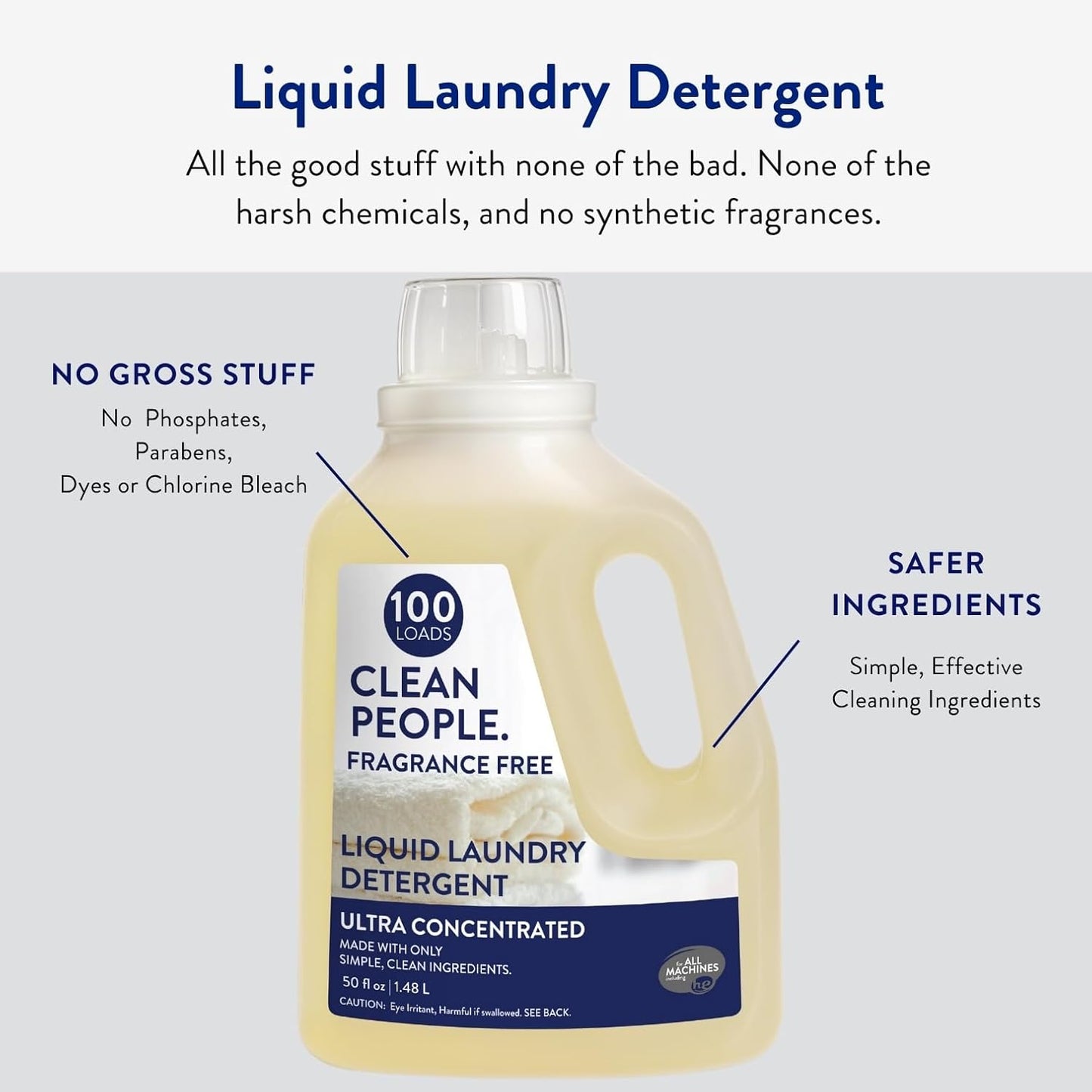 The Clean People Liquid Laundry Detergent - Recyclable Packaging, Stain Fighting - Ultra Concentrated, Laundry Soap - Fragrance Free, 50 fl oz