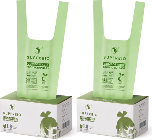 SUPERBIO 1.6 Gallon Handle Tie Compostable Food Scrap Bags, Small Compost Bags with Handles, 50 Count, 2 Pack, BPI & OK compost INDUSTRIAL