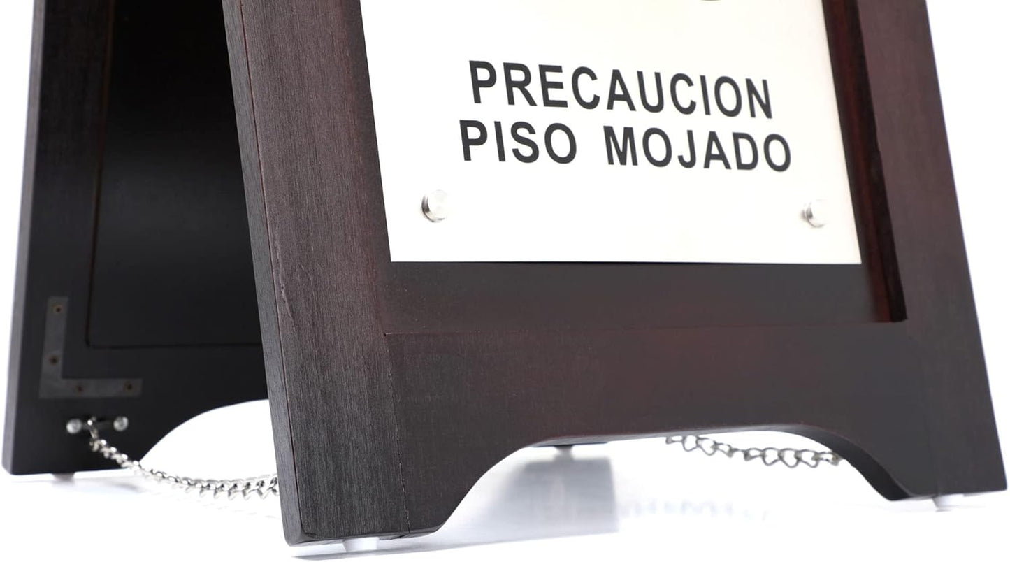 Premium Wooden Caution Wet Floor Sign – Bilingual w/Non-Skid Plastic Feet, Brushed Nickel Plate – For Hotels, Schools, Offices, Areas, Restrooms, Pool Decks & Shops