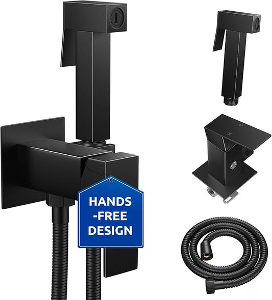 Arofa Warm Water Bidet Sprayer for Toilet with Hot and Cold Rough-in Valve, Hands-Free Handheld Jet Spray with Adjustable Water Flow, Black Square Toilet Sprayer with Bidet Hose for Feminine Wash