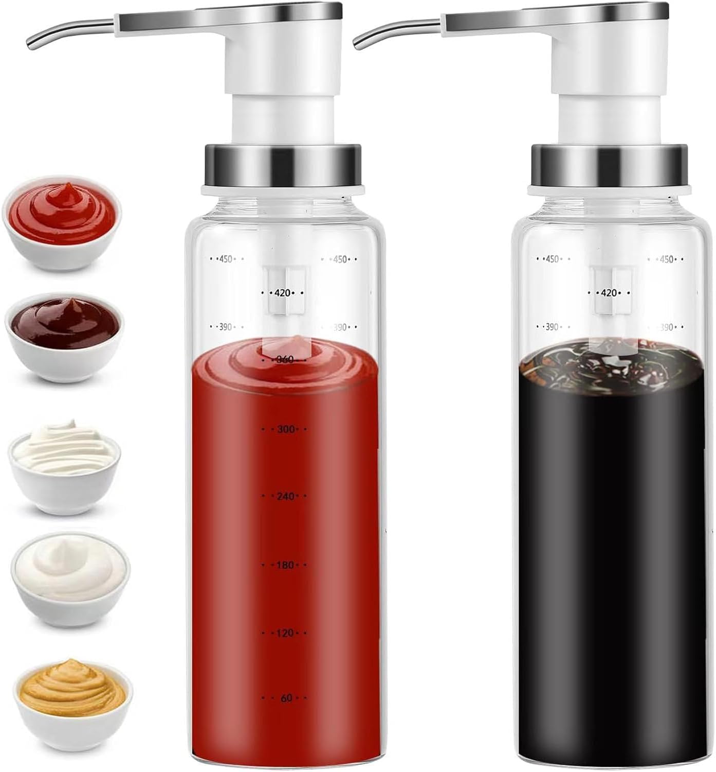 Sauce Pump Dispensers, 17oz Glass & Stainless Steel, 8ml Capacity, Perfect for Kitchen, BBQ, Baking, Salad, Restaurant, Cafe, Hotel, Party, Buffet, Infusing Herbs
