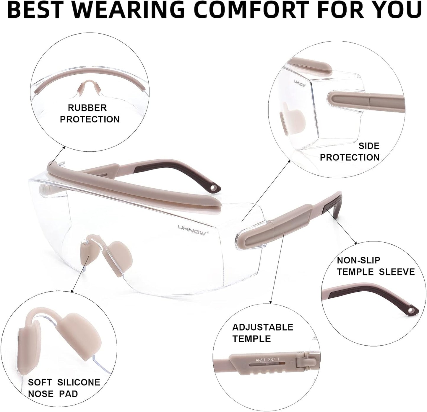 UKNOW Safety Goggles Over Glasses, Safety Glasses Anti Fog Wraparound Eye Protection, Protective Eyewear ANSI Z87.1