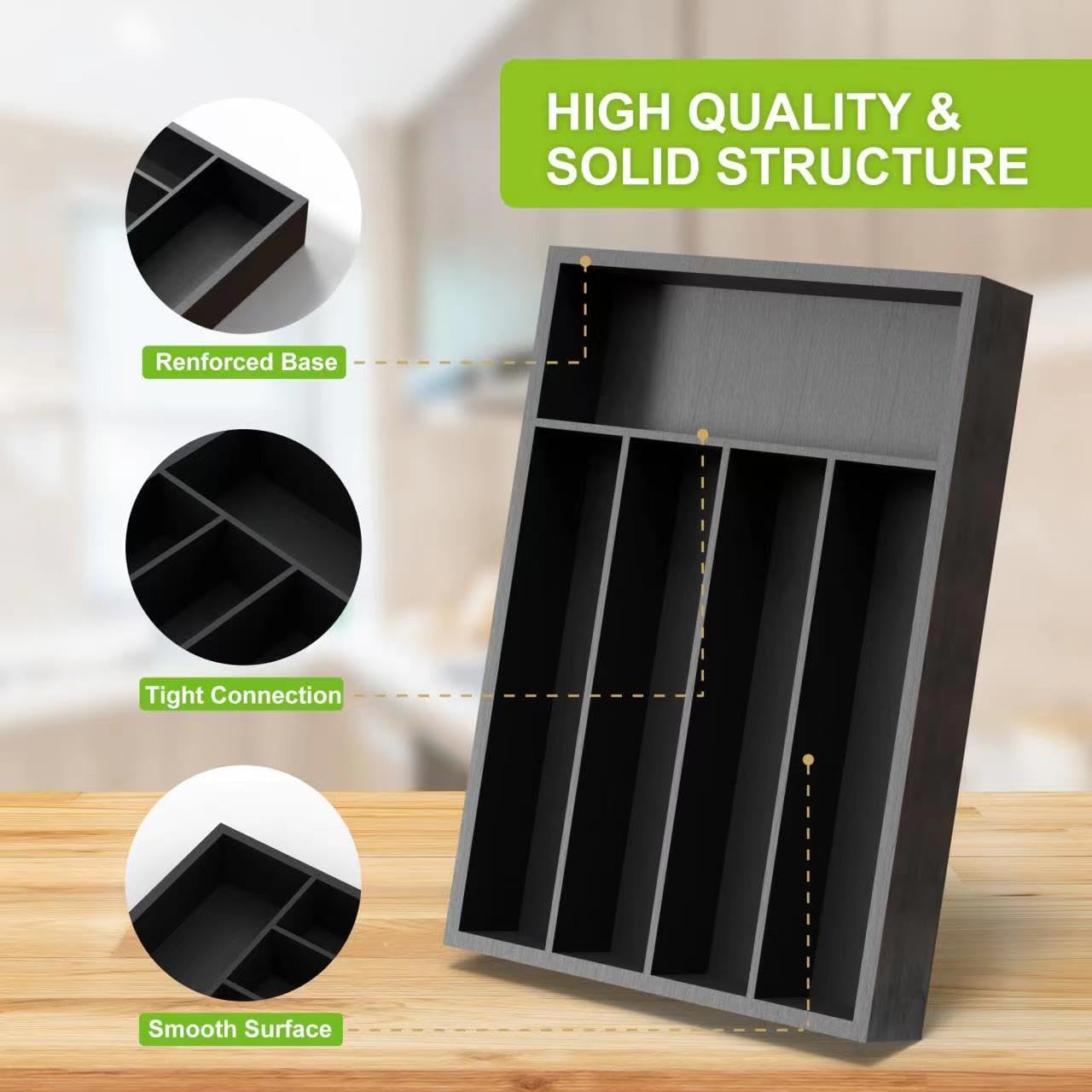 Bamboo Kitchen Drawer Organizer - silverware organizer - Cutlery Tray - Utensil Tray - drawer dividers and Utensil Holder with Wood Silverware Holder for Flatware Cutlery (5 Slots, Black)