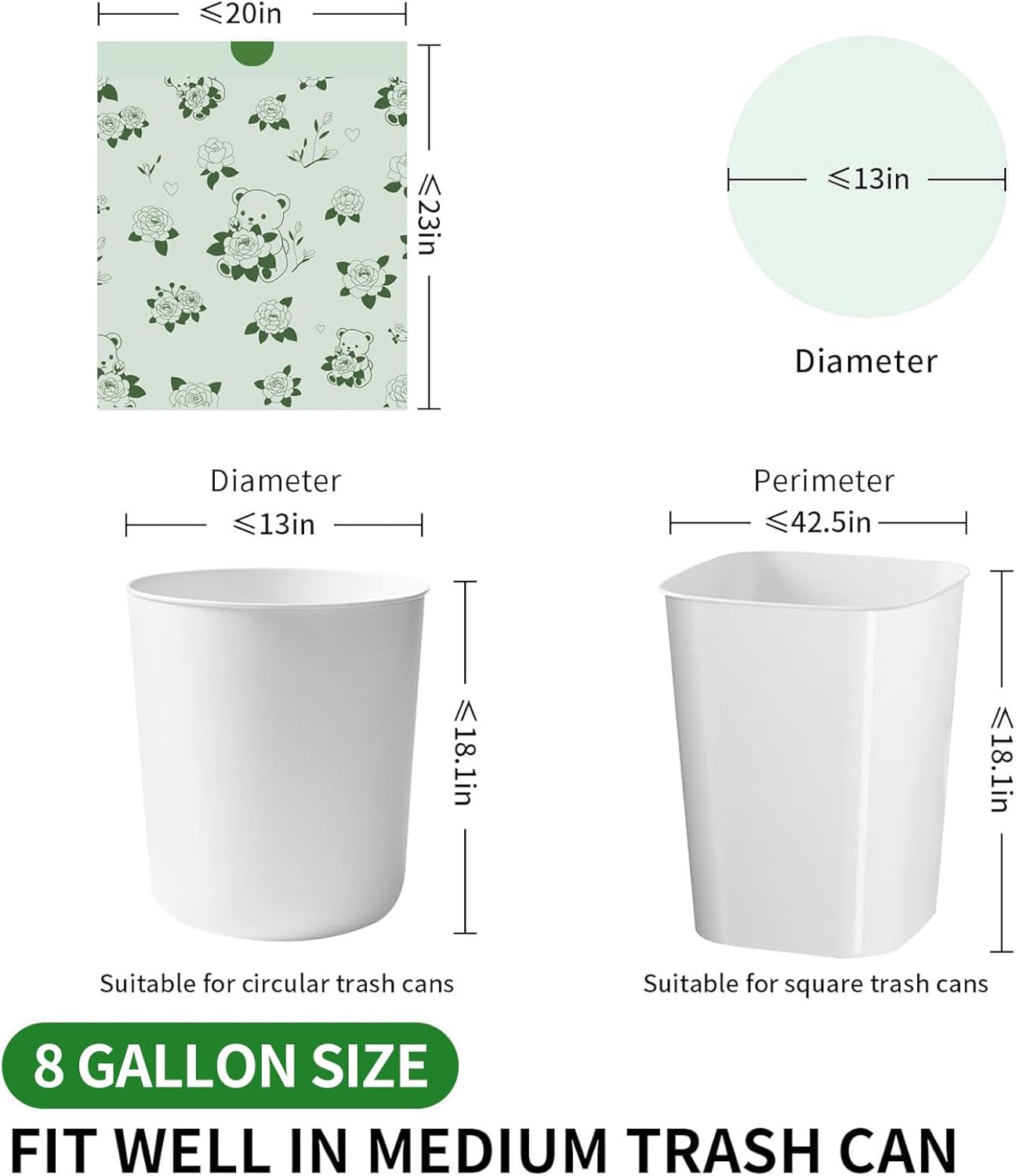 VOK 8 Gallon Trash Bags Drawstring, Medium Trash Bags for Office, Kitchen, Bedroom Trash Cans, Colored Portable Sturdy Garbage Bags 8 Gallon with Camellia Flower Scent, 60 Counts