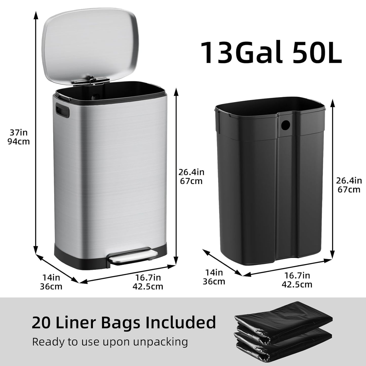 KUK 13 Gallon/50L Stainless Steel Kitchen Trash Can with Lid and Step Pedal-Large Capacity Garbage Bin with Odor Seal, Silent Close Lid, Removable Inner Bucket for Home, Kitchen, Bedroom, Silver