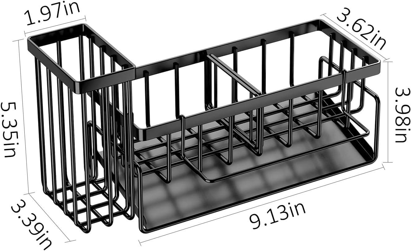 Sponge Holder & Sink Caddy Organizer - Rustproof Kitchen Sink Organizer with High Brush Holder - Kitchen Essentials Countertop Storage Organization (Black)