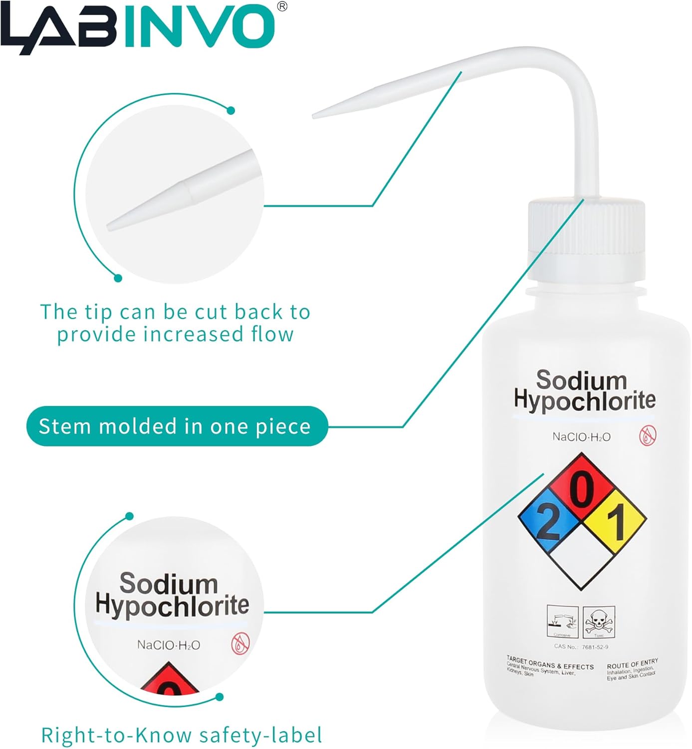 Sodium Hypochloride Wash Bottles, Vol.500ml (17oz), Narrow Mouth, Self-Venting Safety Wash Bottles, LDPE Material, IN-WBS500，Pack of 1, IN-WBS501