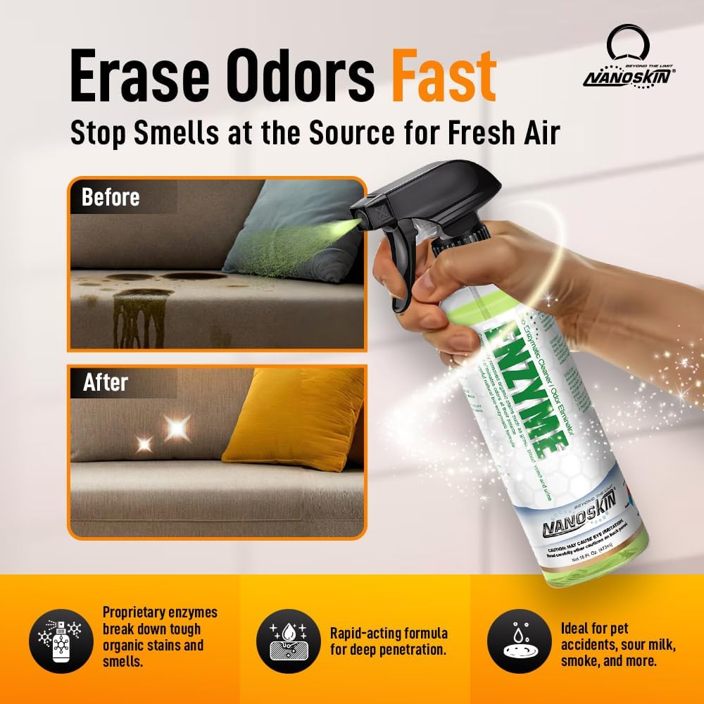 Nanoskin ENZYME Multi-Purpose Cleaner & Odor Eliminator 16 Oz. - Removes Complex Organic Stains, Dirt, Grease, and Grime from Multi Surfaces | For Automotive, Floor, Kitchen, Bathroom, Plumbing