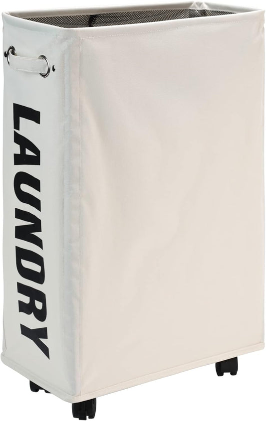 DOKEHOM 25-Inches Slim Laundry Basket on Wheels, Collapsible Rolling Laundry Hamper, Foldable Narrow Corner Clothes Storage Bins (Beige)