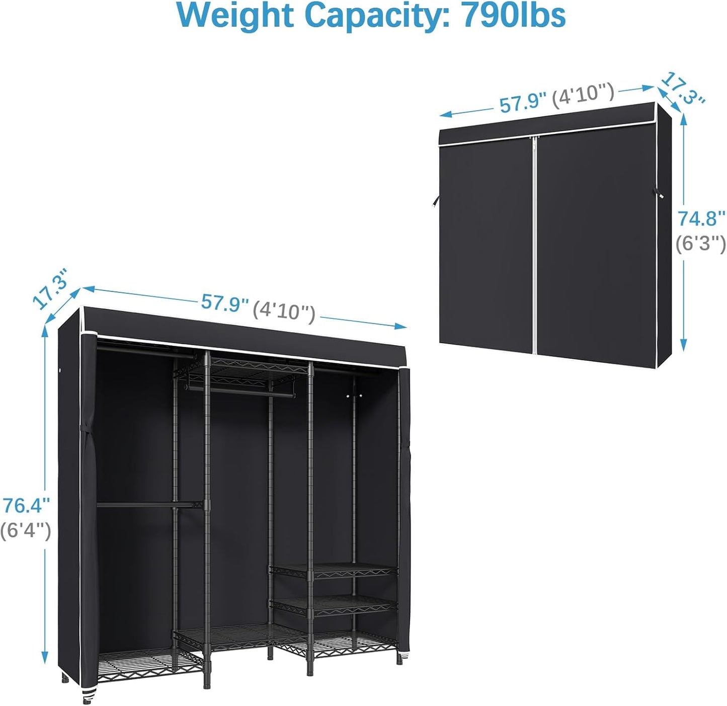 VIPEK V5C Covered Clothes Rack Heavy Duty Portable Closet Wardrobe, Freestanding Black Metal Clothing Rack with Black Dustproof Cover, Adjustable Custom Closet Rack, 57.9"L x 17.3"W x 76.4"H (Medium)