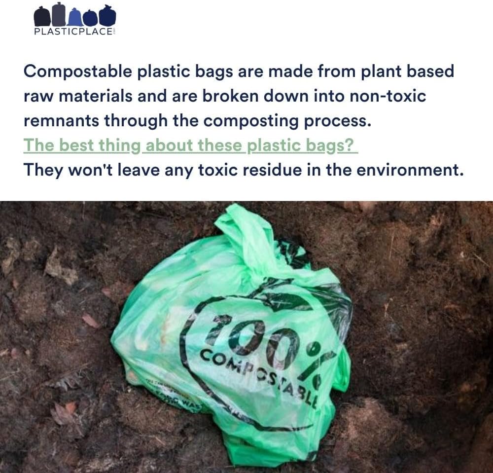 Plasticplace 12-16 Gallon Compostable Trash Bags │ 1Mil │ Green Tint Garbage Can Liners │ 24” x 33” (100 Count)