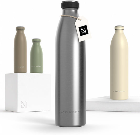 LARS NYSØM Stainless Steel Insulated Water Bottle 12oz 17oz 25oz 34oz 51oz | Insulated Thermo Flask for Hot and Cold Beverages | Leakproof Drinking Bottle (Stainless Steel, 33.9oz)