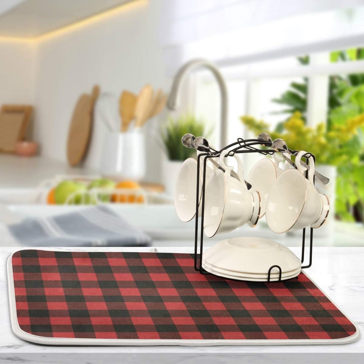 Red and Black Buffalo Plaid Dish Drying Mat 18x24 for Kitchen Merry Christmas Winter Xmas Dishes Pad Dish Drainer Rack Mats Absorbent Fast Dry Kitchen Accessories