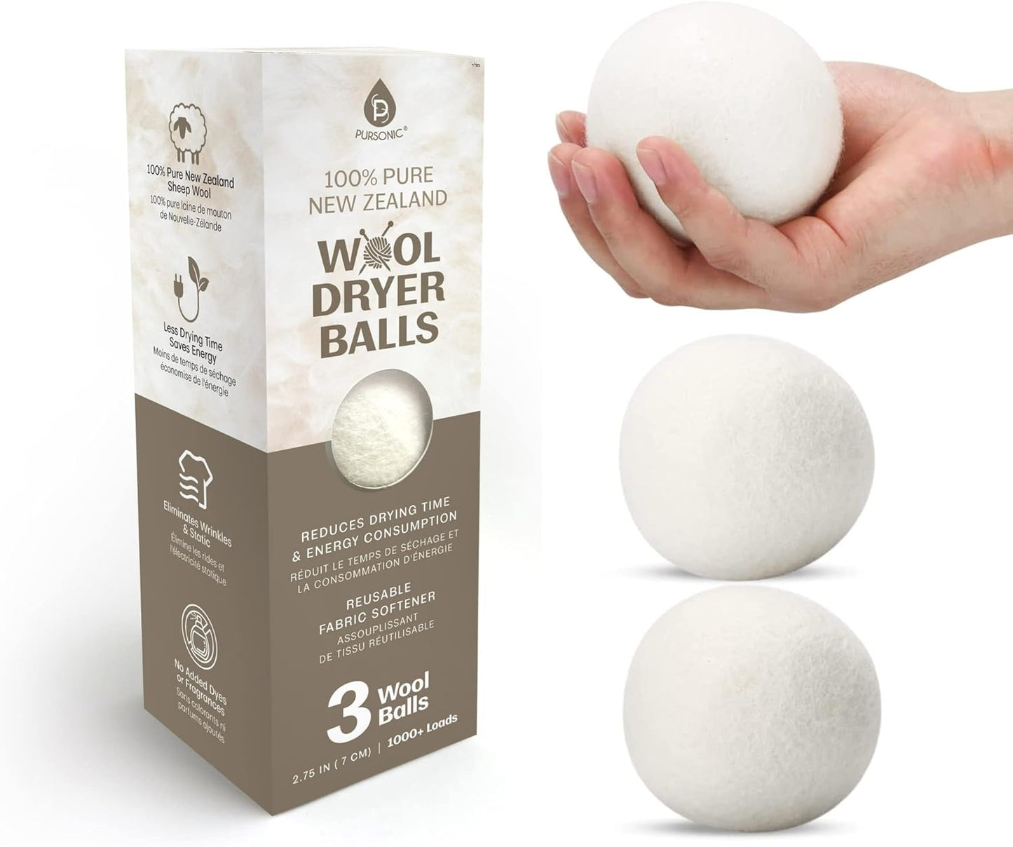 Pursonic Laundry Wool Dryer Balls – Reusable Dryer Balls Made from 100% Pure New Zealand Wool – Natural Fabric Softener Balls - Saves Drying Time/Energy Consumption (Pack of 3)