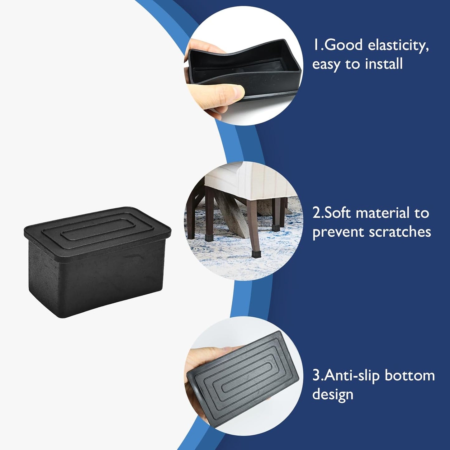 4 Pcs 2" x 4" Rectangular Rubber Chair Leg Caps, PVC Table Leg Covers, Flexible & Anti-Slip Furniture Leg End Caps, Chair Leg Floor Protectors for Bar Stool Leg Patio Indoor, Black