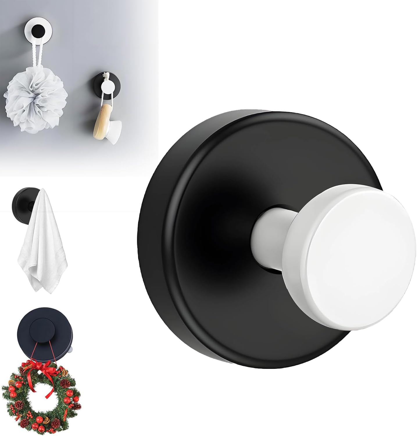 Suction Cup Hooks for Wreaths, 2025 New No Drill Suction Cup Hooks on Glass, Wreath Hanger for Front Door, Rustproof Hook Holder Towel Hook for Window Bathroom Mirrors Tile (1, Black A)