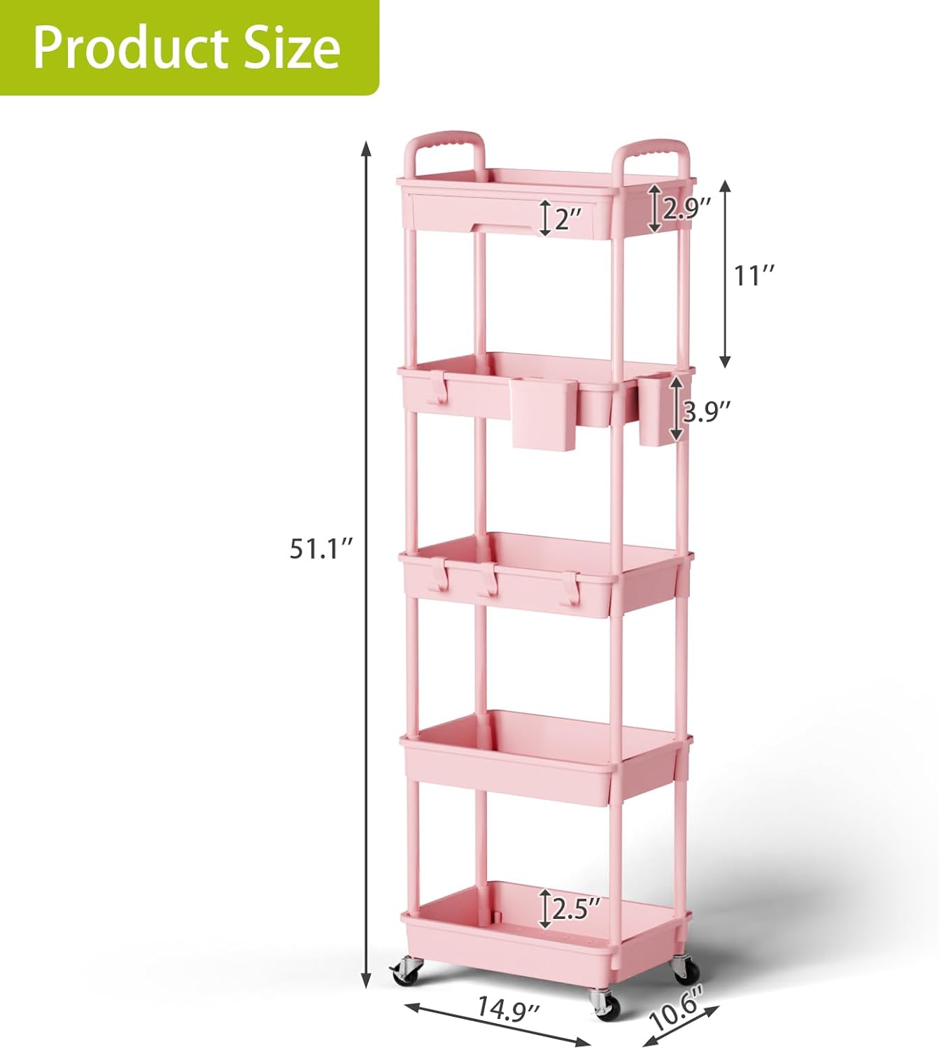 5 Tier Rolling Cart Organizer,Bathroom Cart Organizers with Wheels Laundry Room Organization Mobile Shelving Unit Utility Cart Storage Shelves Multi-Functional for Office, Home(Pink)