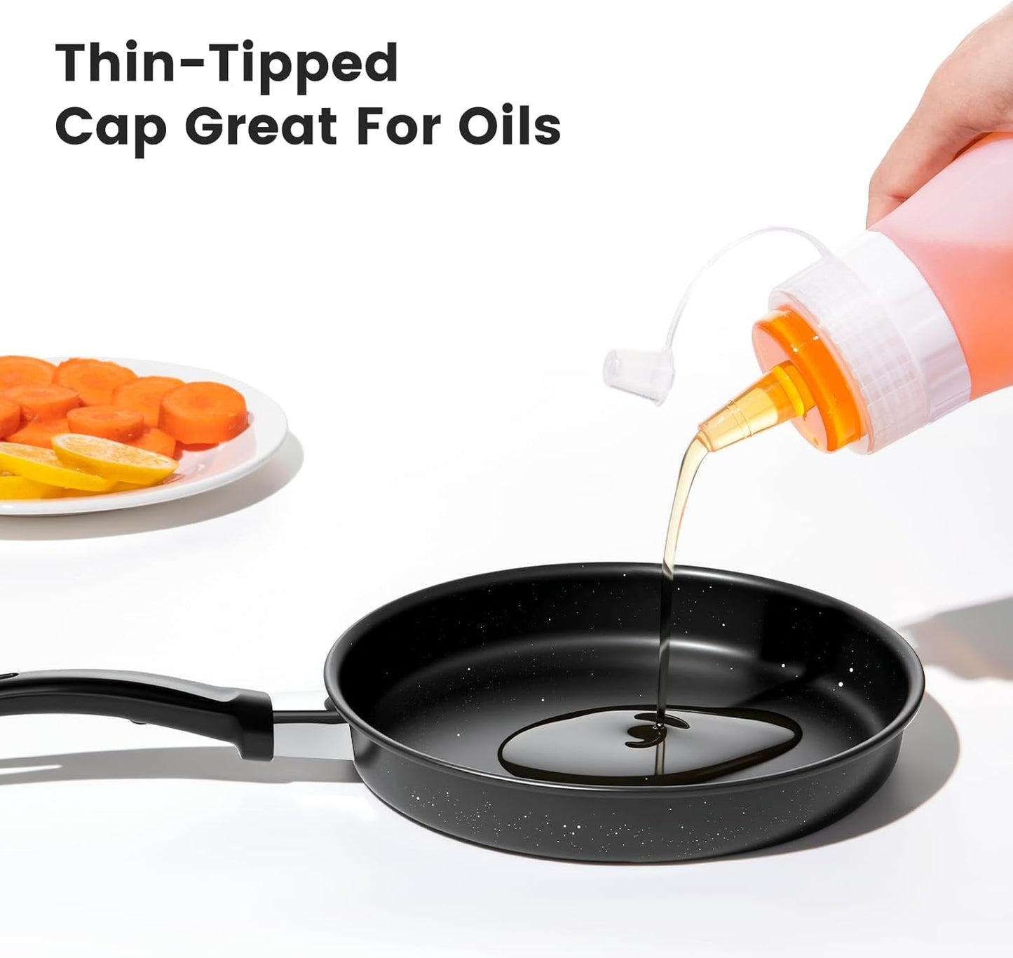 Condiment Squeeze Bottles, 12 oz Silicone Squeeze Bottles For Sauces, Leak Proof Condiment Containers with Extra Interchangeable lid, Easy Squeeze for Oil, Honey & Dressings, BPA FREE (4 Pack)