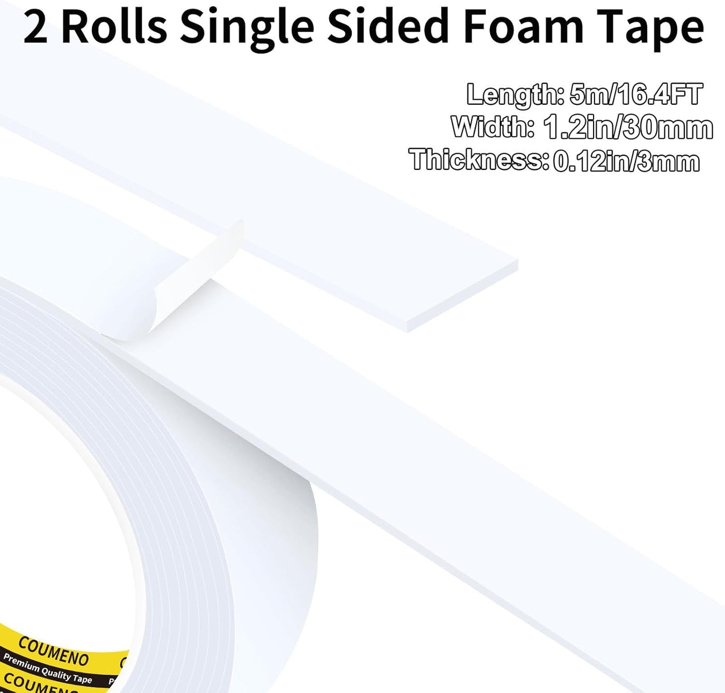 2 Pack Single-Sided Adhesive White Foam Tape 1.2inX16.4FT Single-Sided Sealing Strip Foam Pad Sponge Tape Window Weatherproof, Self-Adhesive Insulation Sealing Tape