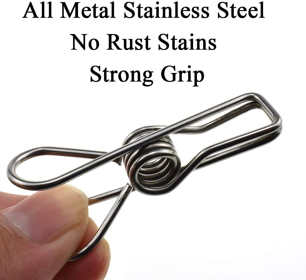 HAHIYO Clothespins Chip Clips All Metal Stainless Steel No Rust Stains Strong Grip in Heavy Wind 2 Inches 24 Pack Do Not Fall Apart Open Wide for Holding Clothes Snack Bag Clamps