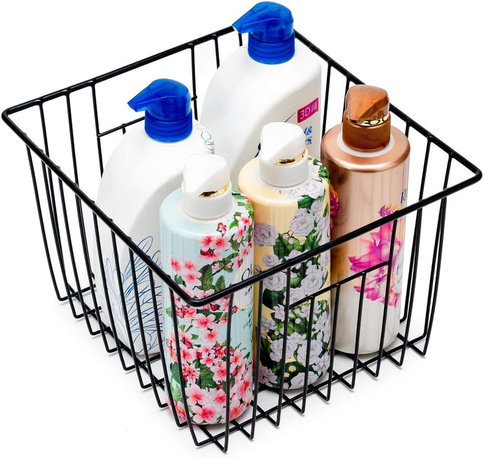 Slideep Refrigerator Freezer Organizer Wire Storage Basket , Farmhouse Food Wire Bins Container with Handles for Kitchen, Pantry, Freezer, Cabinet, Car, Bathroom Black 4 Pack