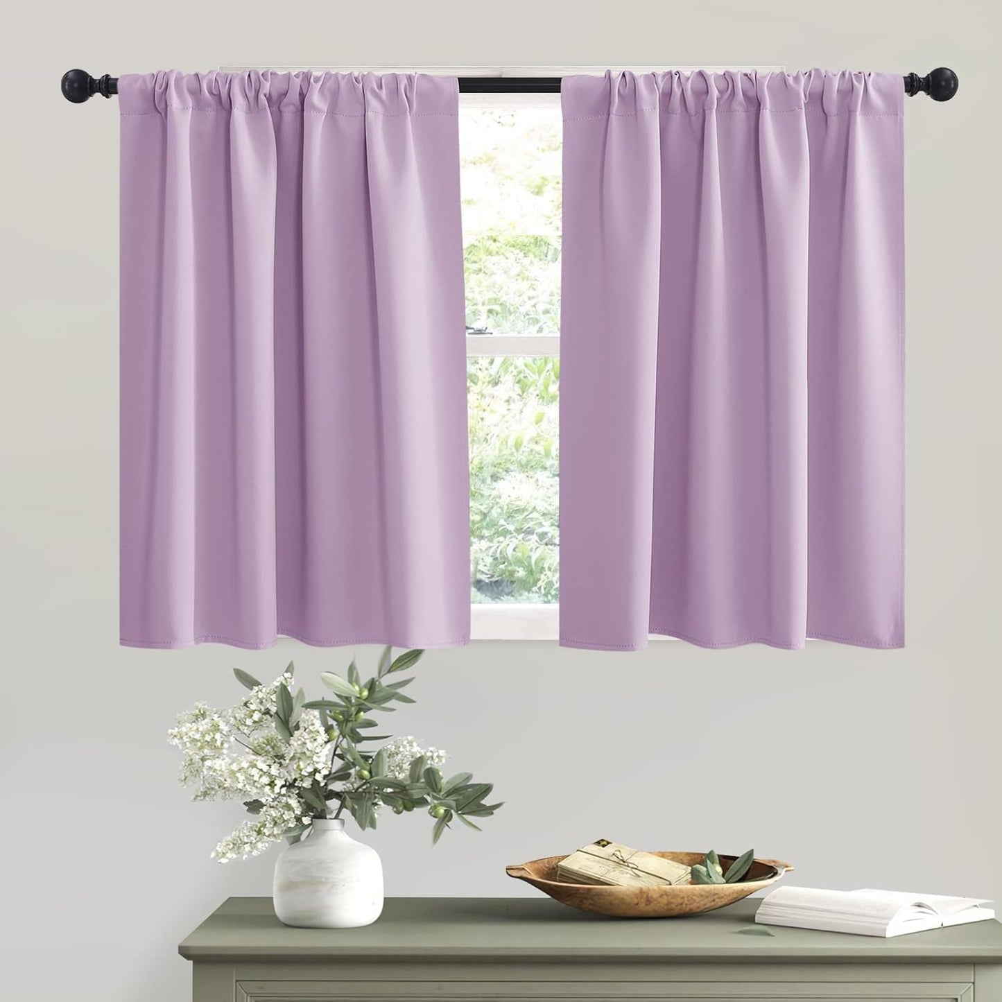 RYB HOME Small Kitchen Curtains, Room Darkening Drapes Energy Efficient Half Window Coverings Heavy Duty Solid Decor for Bedroom Bathroom Dining Room, W42 x L36 inches, Lilac, 2 Panels Set
