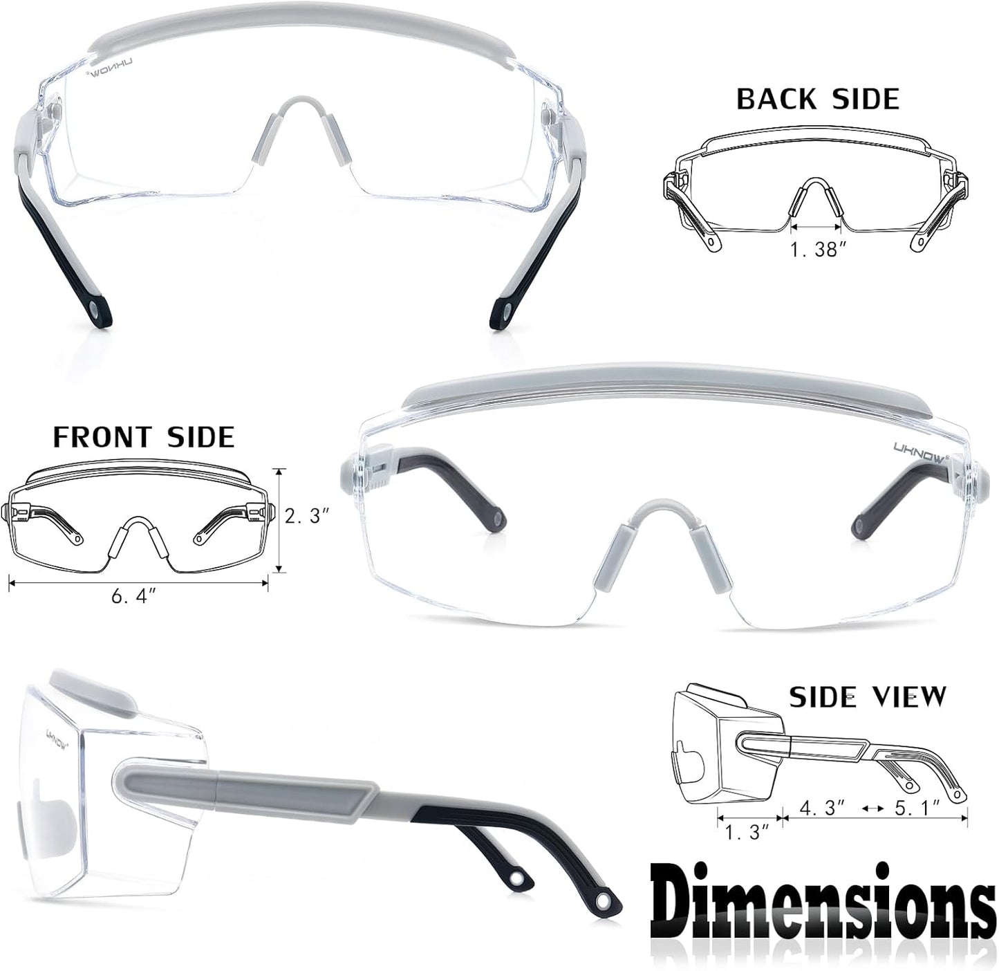 UKNOW Safety Goggles Over Glasses, Safety Glasses Anti Fog Wraparound Eye Protection, Protective Eyewear ANSI Z87.1