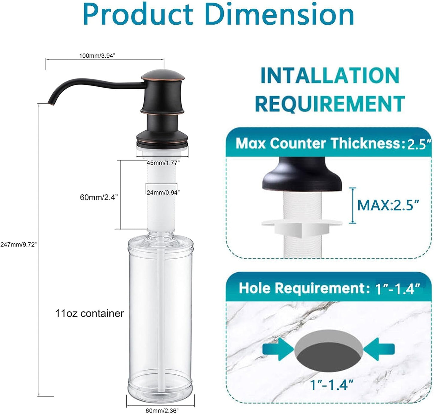 Delle Rosa Soap Dispenser, Liquid Soap Dispensers for Kitchen Sink, Brass Head Kitchen Sink Soap Dispenser Soap or Lotion Pump Dispenser Oil Rubbed Bronze, 11oz/320ml