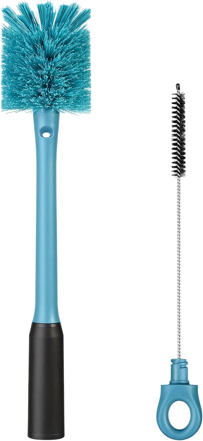 2-in-1 Bottle Cleaning Brush and Hidden Straw Brush, Long Handle Water Bottle Brush Cleaner with Replaceable Head for Sports Bottles, Baby Bottles, Mugs, Straws, Smokey Blue