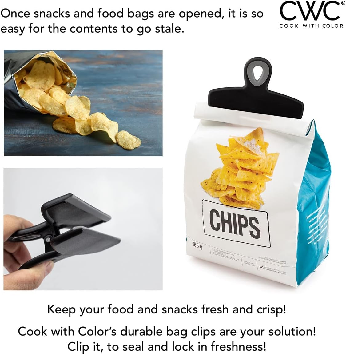 COOK WITH COLOR Bag Clips - Heavy Duty Chip Clip and Refrigerator Magnet Clips for Food Storage with Air Tight Seal Grip, Black, Pack of 4 Large Clips