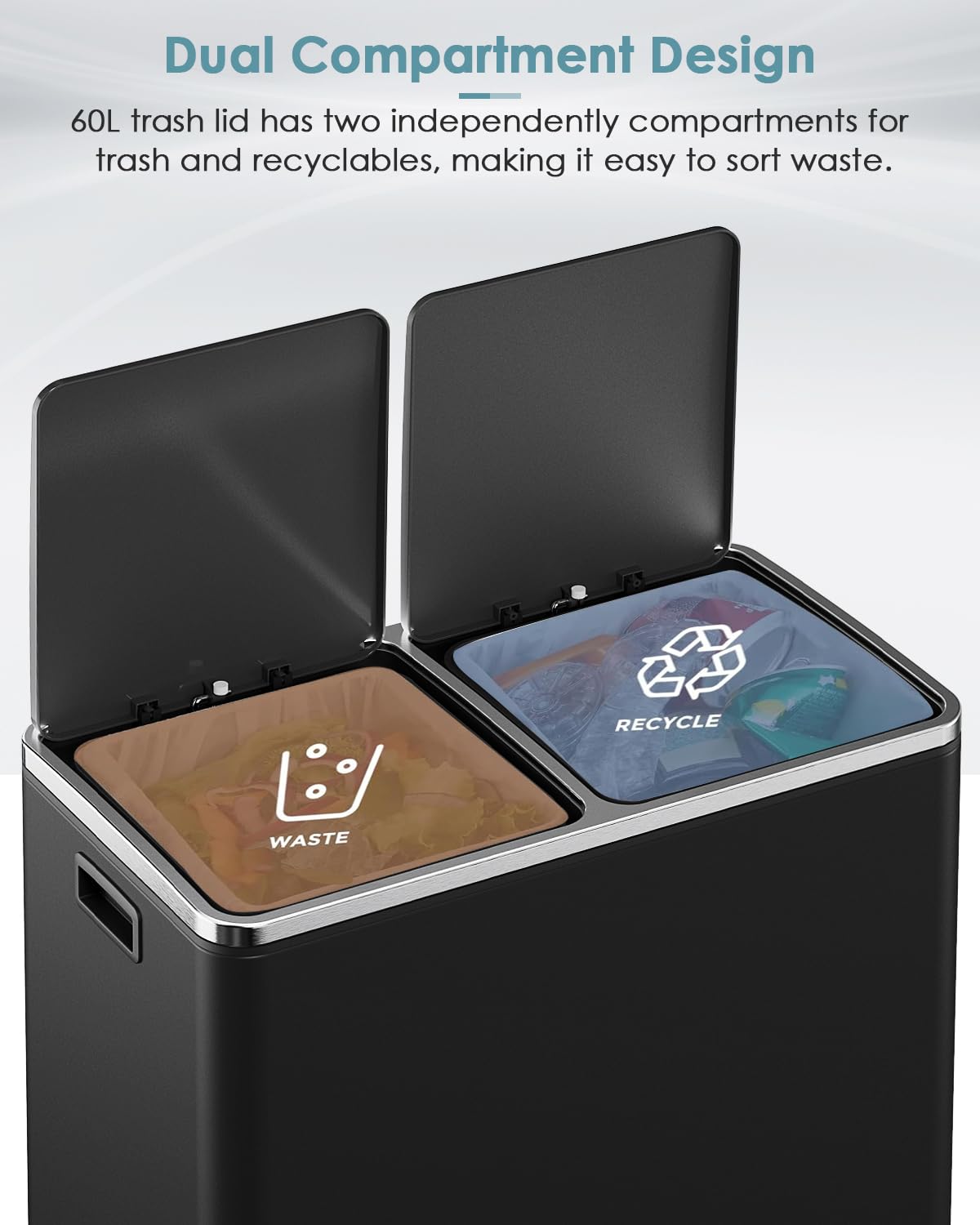 AthLike 60L(16 Gal) Dual Trash Can, Stainless Steel Kitchen Garbage Can, Double Compartment Classified Rubbish Bin, Recycle Dustbin w/Plastic Inner Buckets, Soft-Close Lid, Airtight, Black