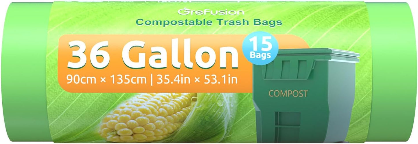GreFusion Compostable 36 gallon Trash Bags, Extra Thick 1.28 Mills, Compost 36 Gal Trash Bags (Kitchen Tall Garbage Bags), Compostable Lawn & Leaf Yard Waste bags,ASTM D6400,Bpi Certified