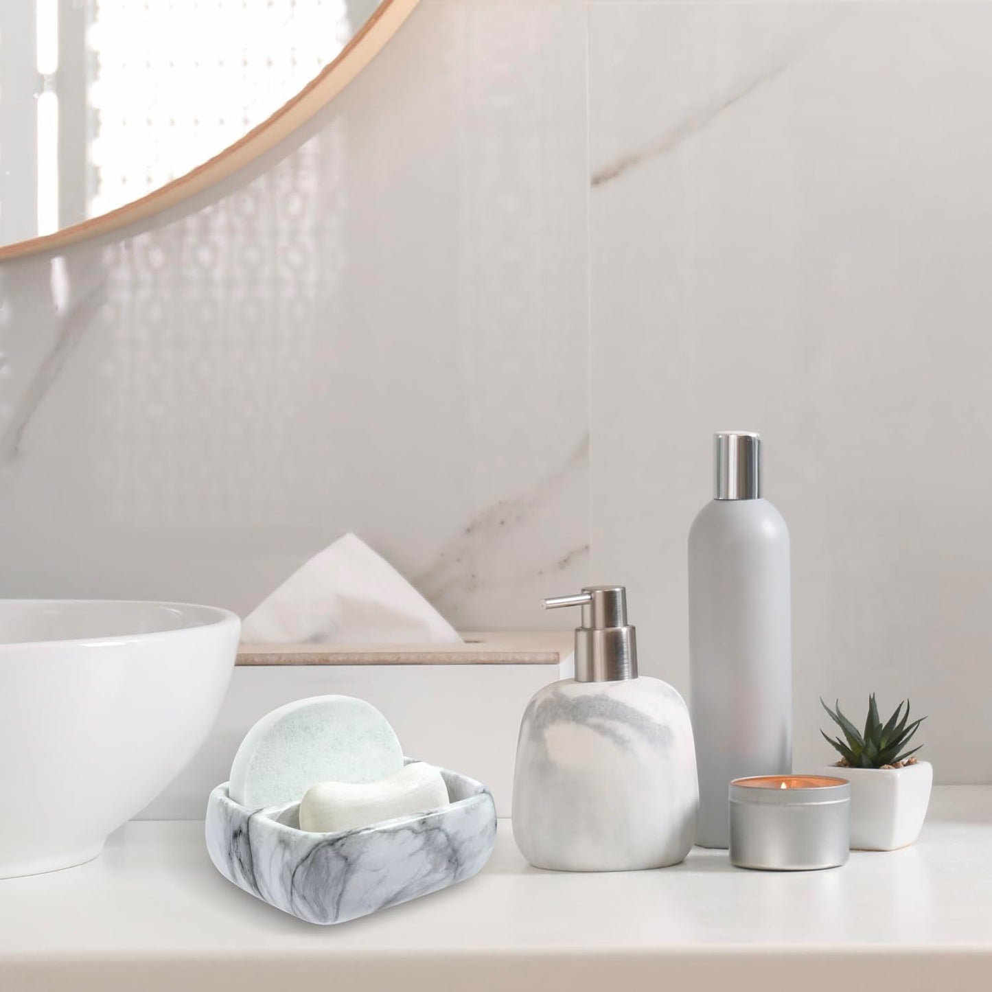 MyGift 5.4 Inch Deluxe Modern White Marble Pattern Resin Double Sponge Holder, Kitchen Sink Countertop Dish Cleaning Sponges or Scrubbing Pads Bowl with 2 Compartments