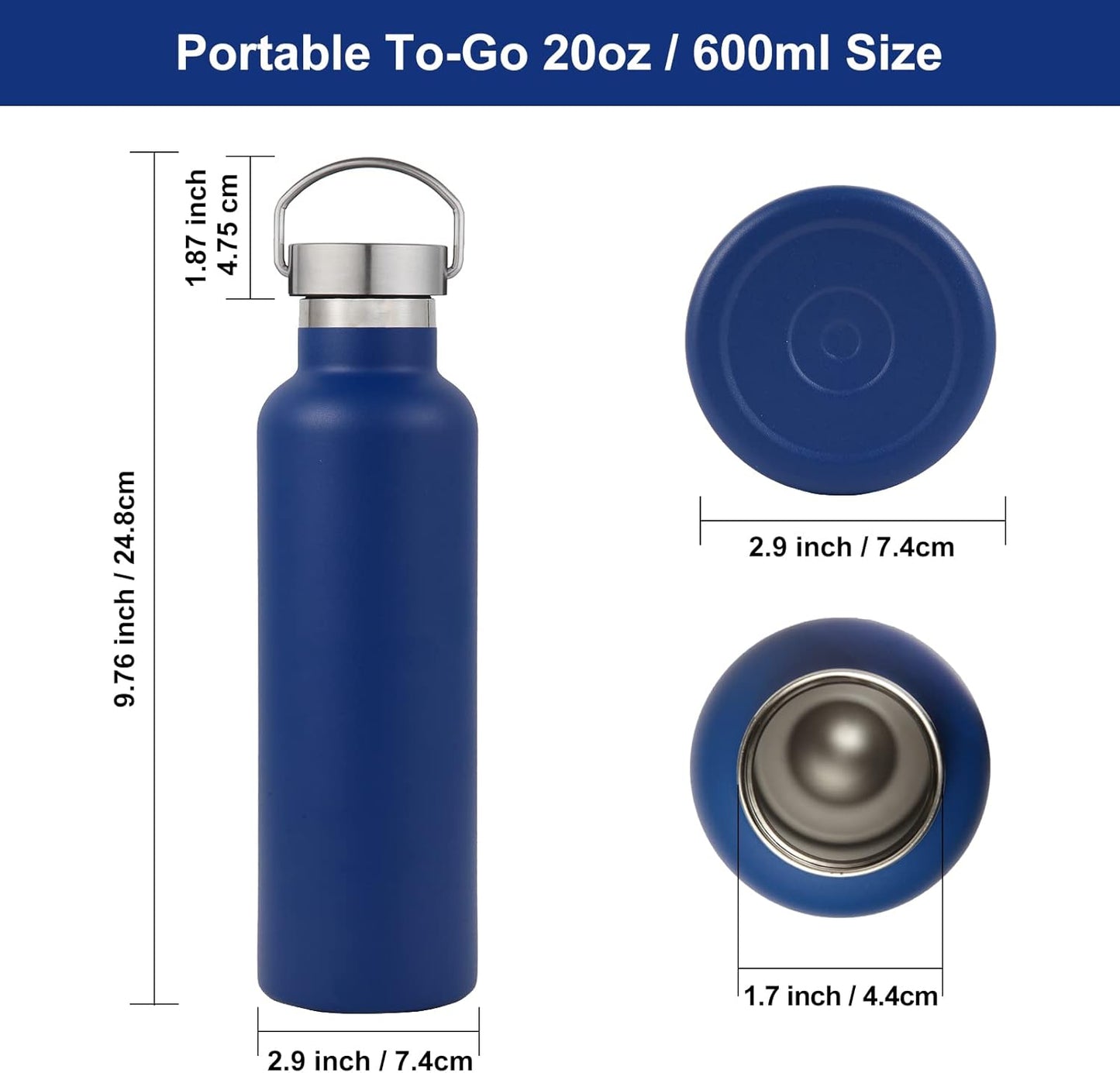 Neihepal 20 oz Insulated Water Bottles Bulk 4 Pack,Stainless Steel Double Wall Sport Bottle with Lid of Handle,Metal Reusable Thermoses Flask with Cup Cap for School,Hikers,Gift (Navy,Set of 4)