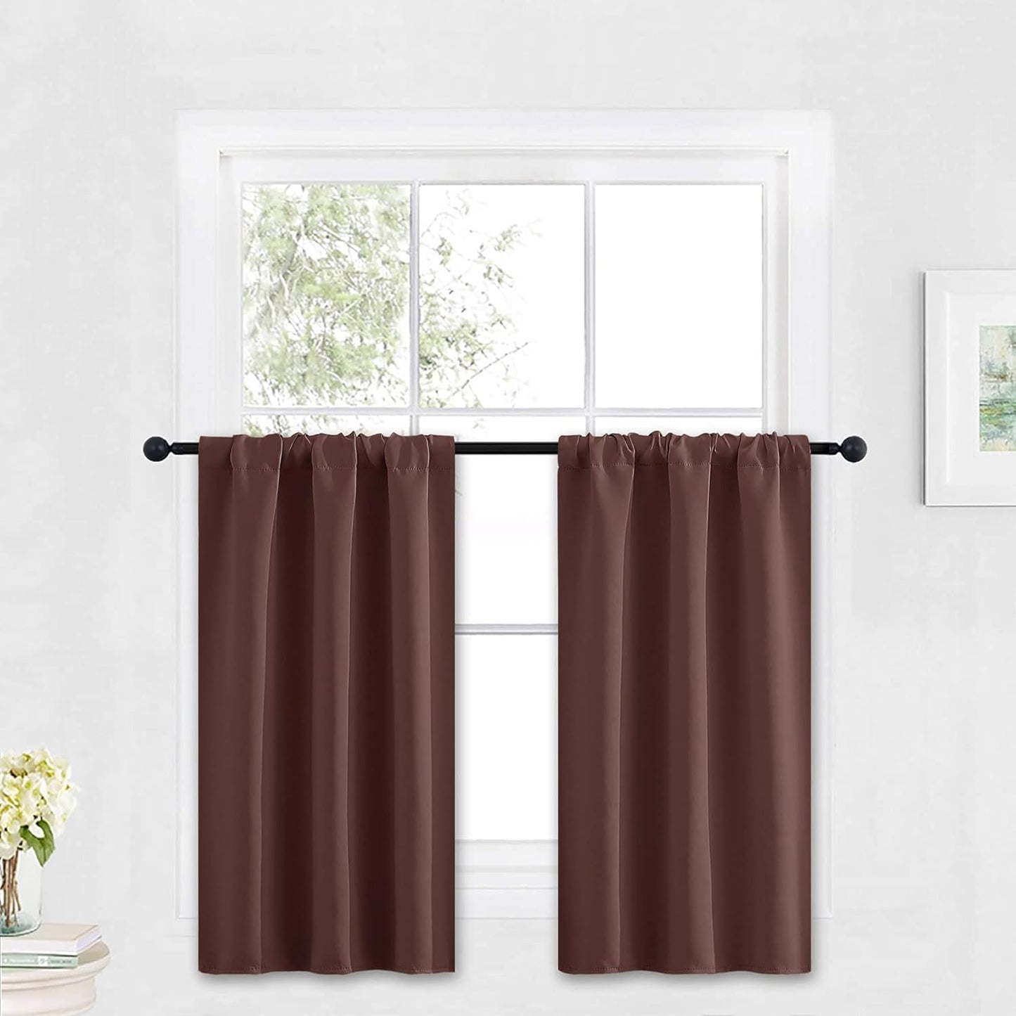 RYB HOME Small Curtains Blackout - Privacy Energy Efficiency Mini Curtains for Kids Bedroom RV Camper Windows Trailer Bathroom Kitchen Cabinet Door Window, W 29 x L 36, Chocolate Brown, 2 Panels