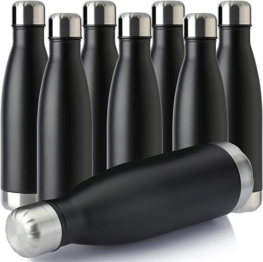 MEWAY 17oz Sport Water Bottle 8 Pack Vacuum Insulated Stainless Steel Leak-Proof Double Wall Cola Shape Water Bottle,Keep Drinks Hot & Cold (Black,8 Pack)