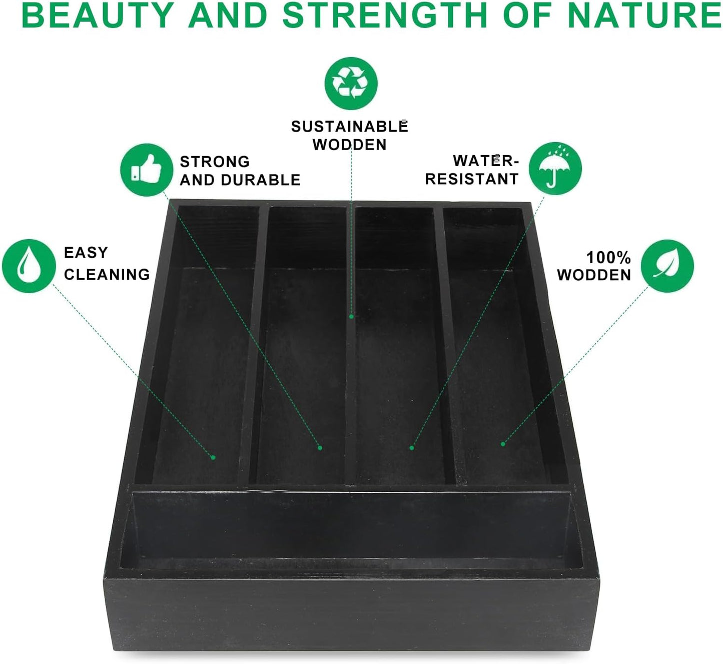 Small Wooden Silverware Organizer Tray Narrow Kitchen Drawer Dividers Utensil Organizers and Storage Black Cutlery Trays Spoon Flatware Organizer for Drawer Bamboo Cutlery Utensil Holder Tray