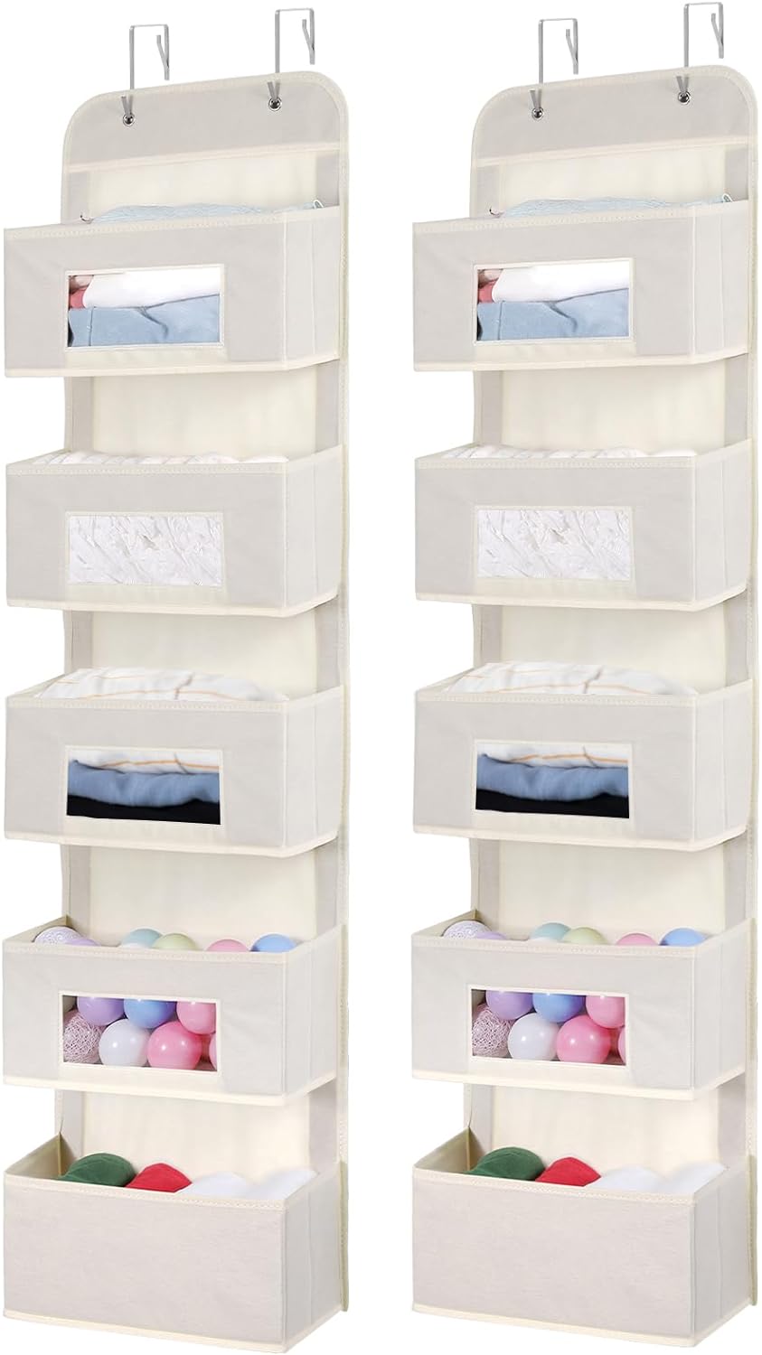 5-Shelf Over The Door Hanging Organizer with 2 Metal Hooks，5 Pocket Over The Door Wall Mount Storage with Clear Windows for Baby Nursery Bathroom Closet,Bedroom,Dorm(Beige-2 Pack)