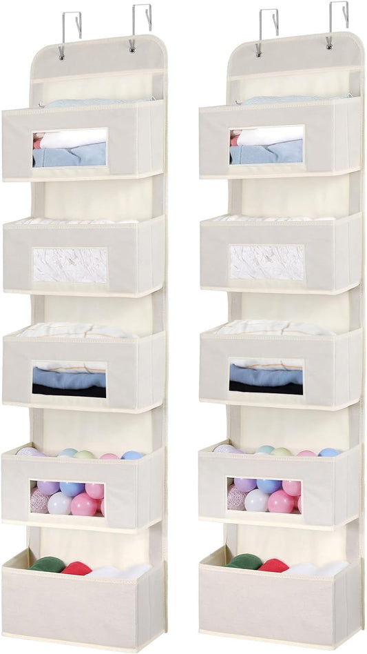 5-Shelf Over The Door Hanging Organizer with 2 Metal Hooks，5 Pocket Over The Door Wall Mount Storage with Clear Windows for Baby Nursery Bathroom Closet,Bedroom,Dorm(Beige-2 Pack)