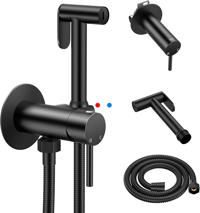 Arofa Built-in Hot and Cold Handheld Bidet Sprayer for Toilet, Black Warm Water Bidet with Adjustable Water Flow, Dual Control Mode Muslim Shower with Spray Hose for Feminine Wash, Wall Mounted