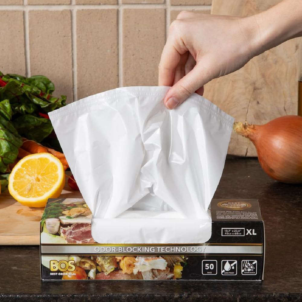 BOS Odor-Sealing Kitchen, Home & Food Small Trash Bags for Waste- Disposable Bags - Scent & Smell Free [Size XL, Color White] (90 count, Pack of 2) (100 Bags)