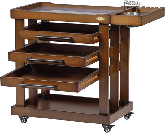MEEDEN Art Supplies Storage Cart: 5-Tier Solid Beech Wood Utility Rolling Cart with 3 Drawers - Craft Orgnizer on 4 Wheels - Walnut Color