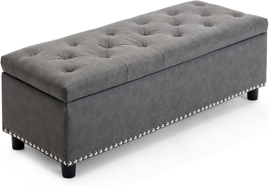 BELLEZE 47" Storage Ottoman, Storage Bench with Safety Close Hinge, Faux Leather Button-Tufted Ottoman for Living Room, Entryway, Hallway, Foot Rest, Support 300lbs - Rustic Gray