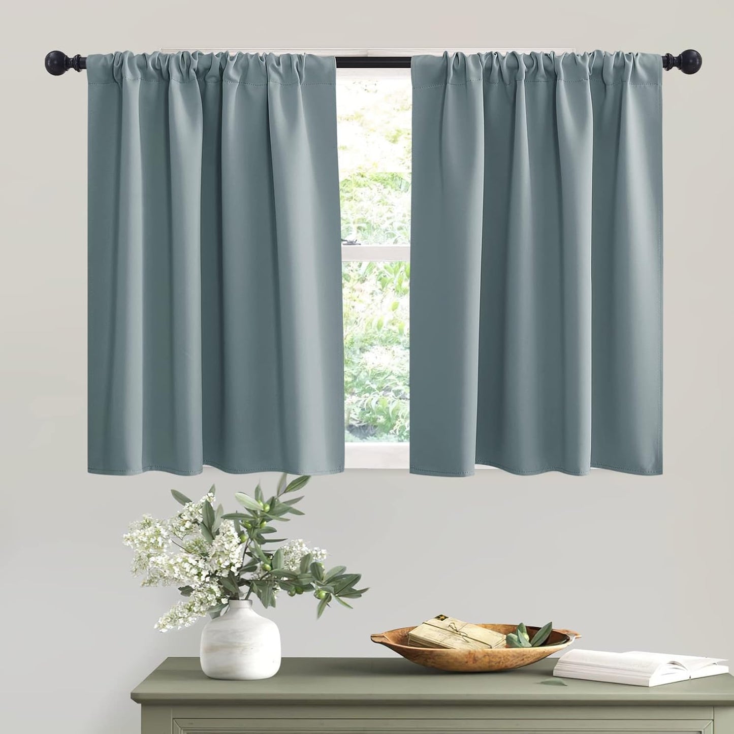 RYB HOME Small Window Curtains, Thermal Insulated Privacy Curtains and Drapes Soild Room Darkening Shades Decent Decor for Kitchen RV Camper Closet, Dusty Blue, W42 x L36 inches, 2 Panels Set
