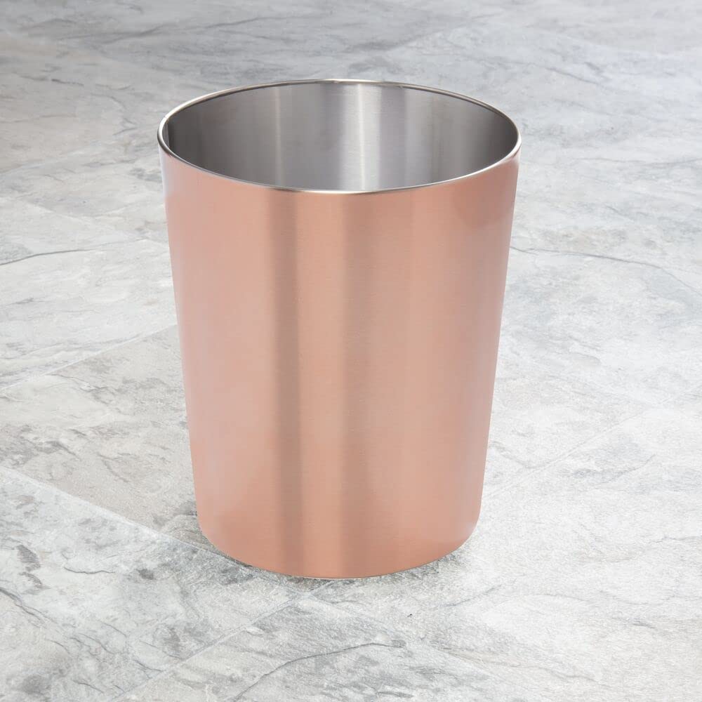 mDesign Round Metal Small 1.7 Gallon Recycle Trash Can Wastebasket, Garbage Container Bin for Bathrooms, Kitchen, Bedroom, Home Office - Durable Stainless Steel - Mirri Collection - Rose Gold