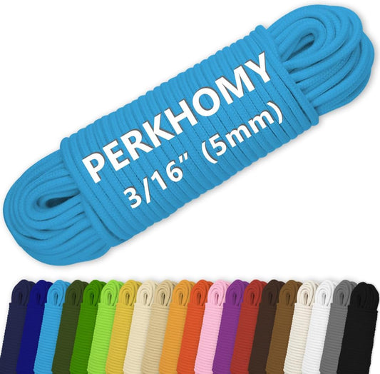 PerkHomy Cotton Rope 3/16" (5mm) 100 ft Multi Purpose Utility Diamond Braided Cord, Natural Cotton for Clothes Line Camping Crafting Flag Pole, Sky Blue
